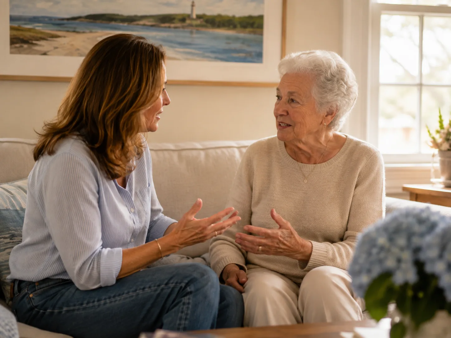 Caregiver and an elderly woman talking together on a sofa, both engaged in the conversation