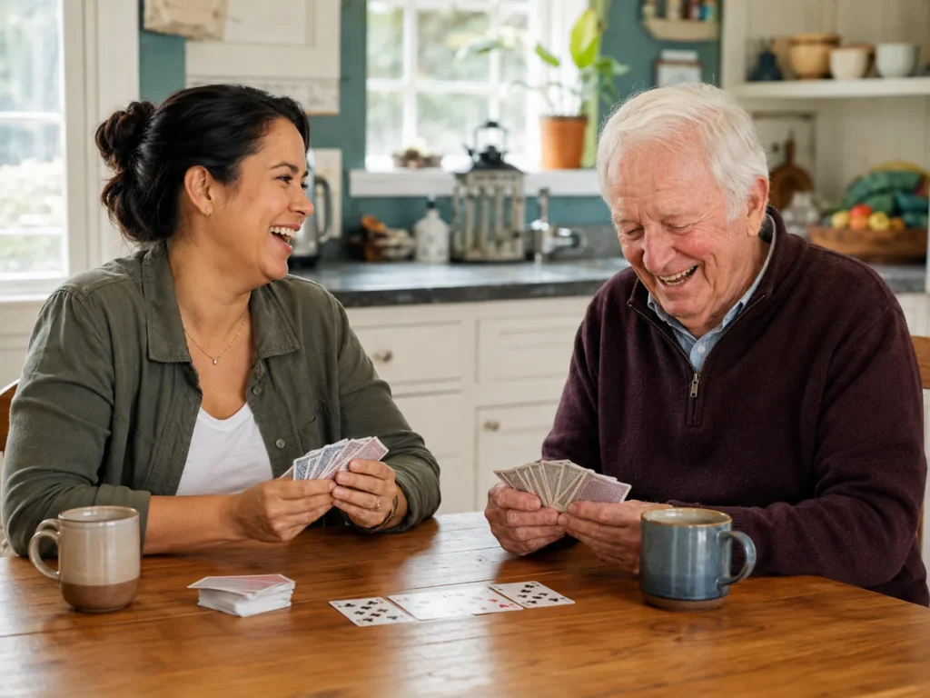 Caregiver and an elderly man playing cards together at a kitchen table, both laughing