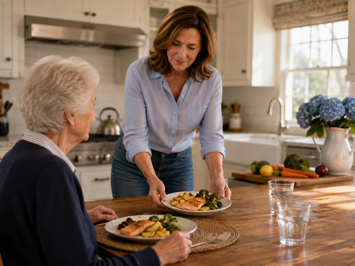 Caregiver serving a home-cooked meal to an elderly woman at her kitchen table