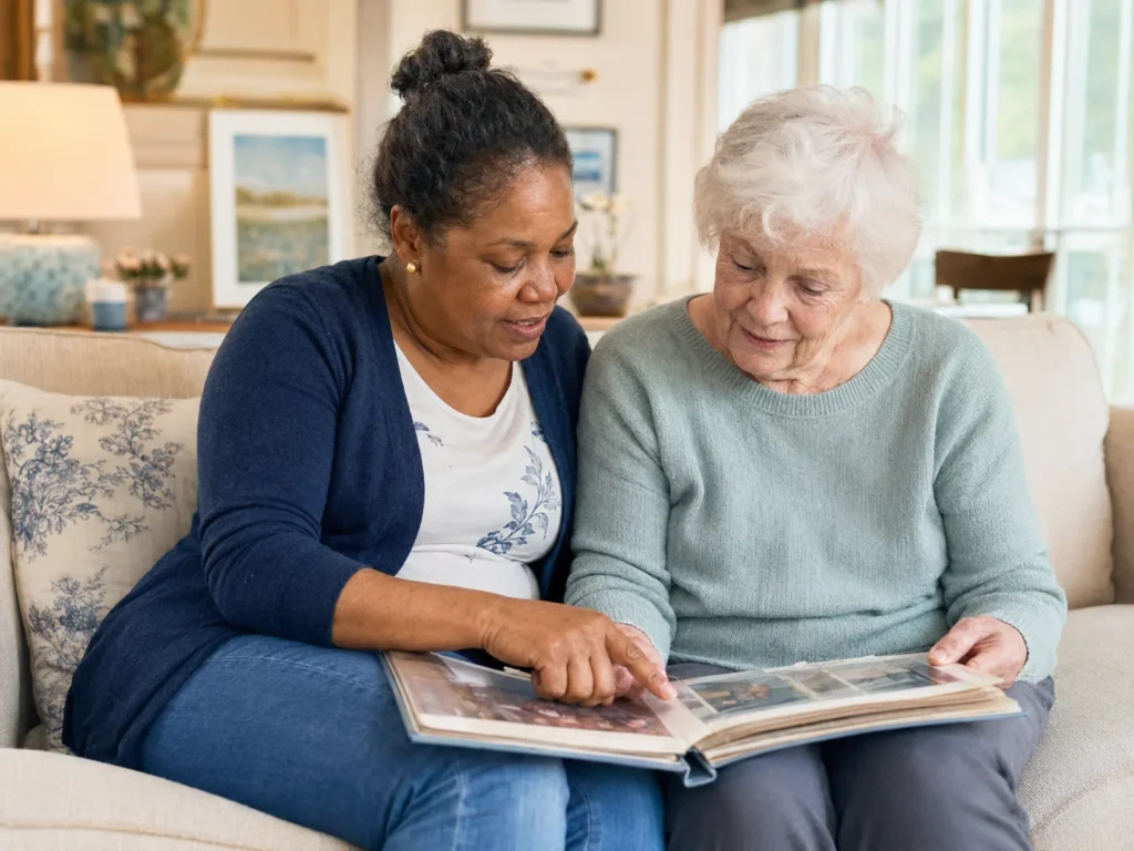 Caregiver and an elderly woman looking through a photo album together on a sofa