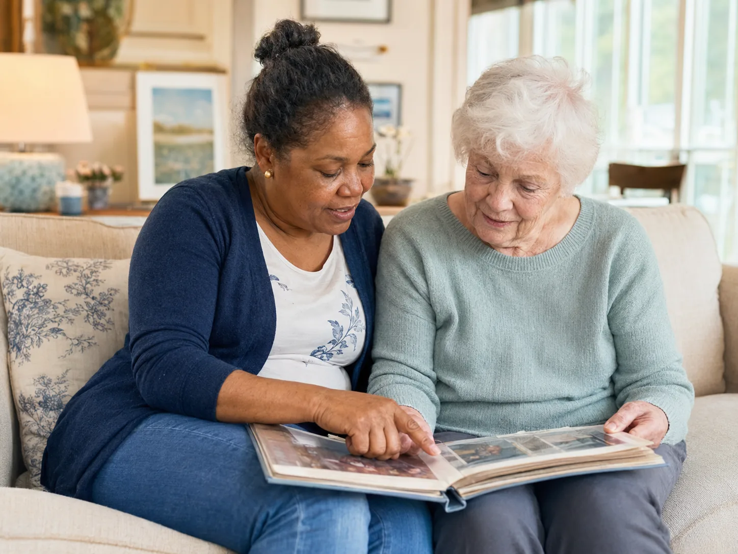 Caregiver and an elderly woman looking through a photo album together on a sofa