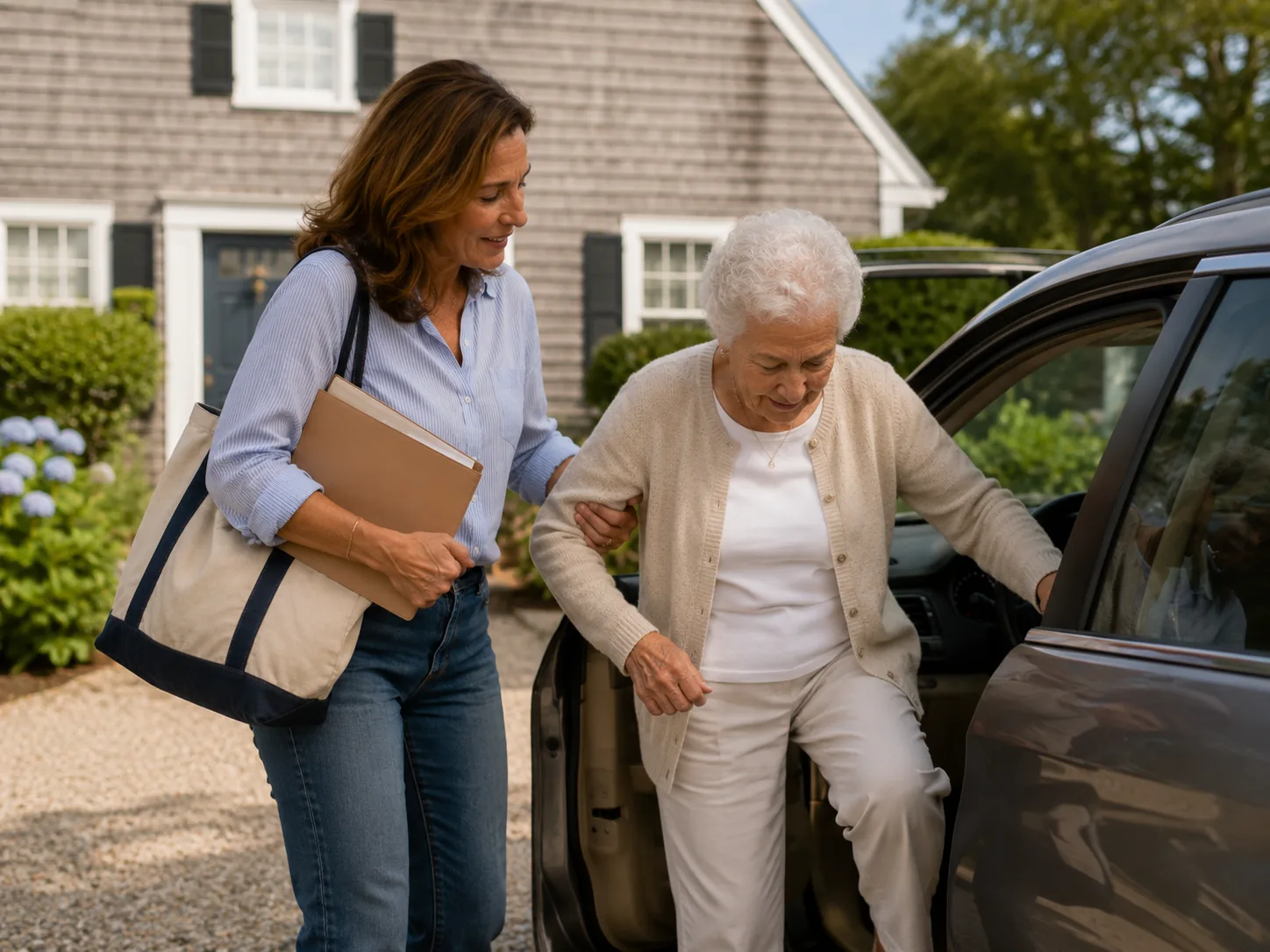 Caregiver helping an elderly woman out of a car in the driveway of a Cape Cod house