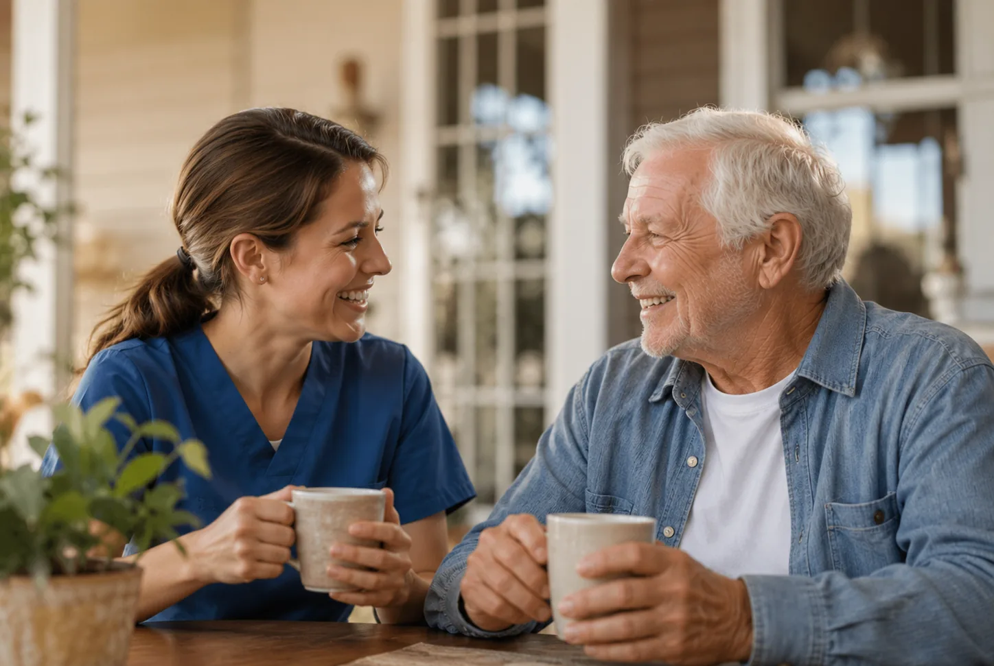 Home care aide and a senior man talking over coffee on a porch in Yarmouth, MA