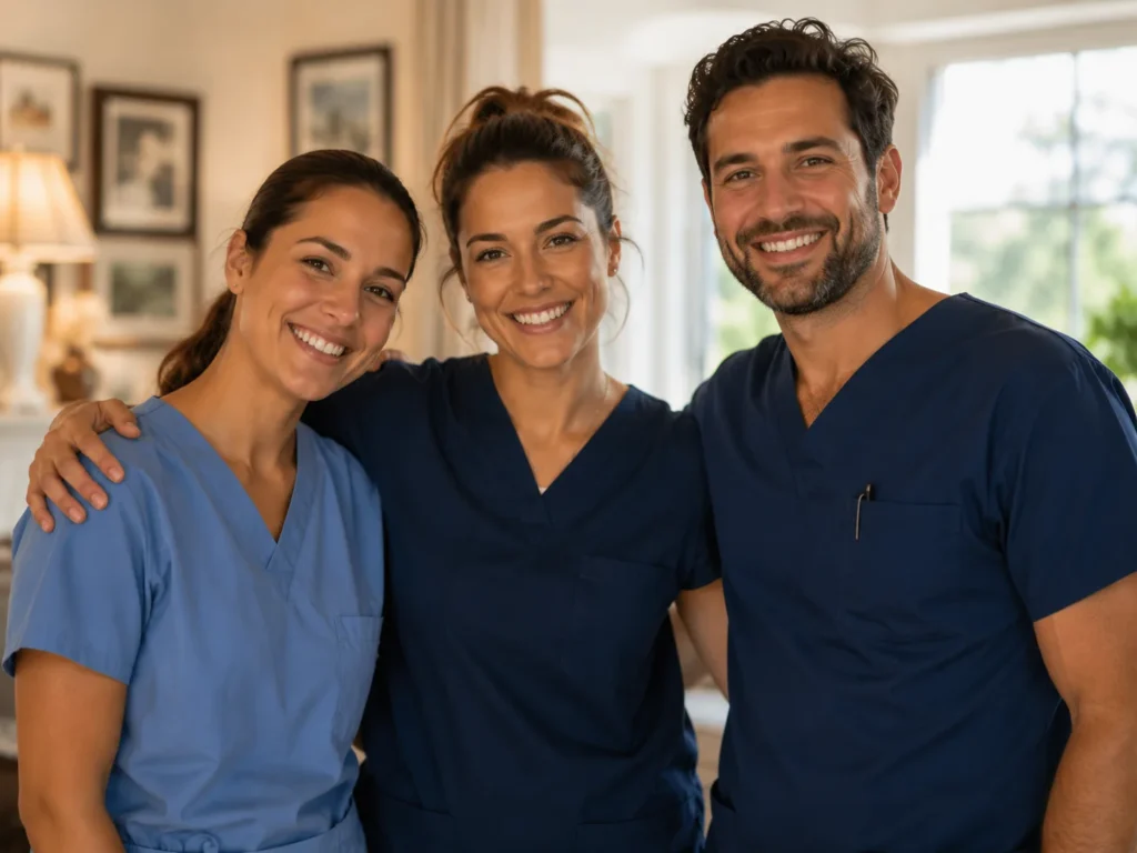 Three home care aides in uniform inside a client home on Cape Cod