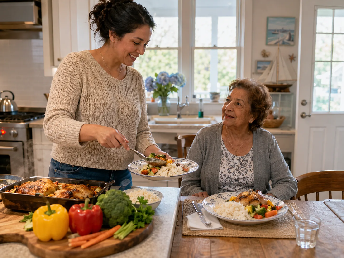 Caregiver serving a home-cooked meal to an elderly woman at her kitchen table, fresh vegetables on the counter