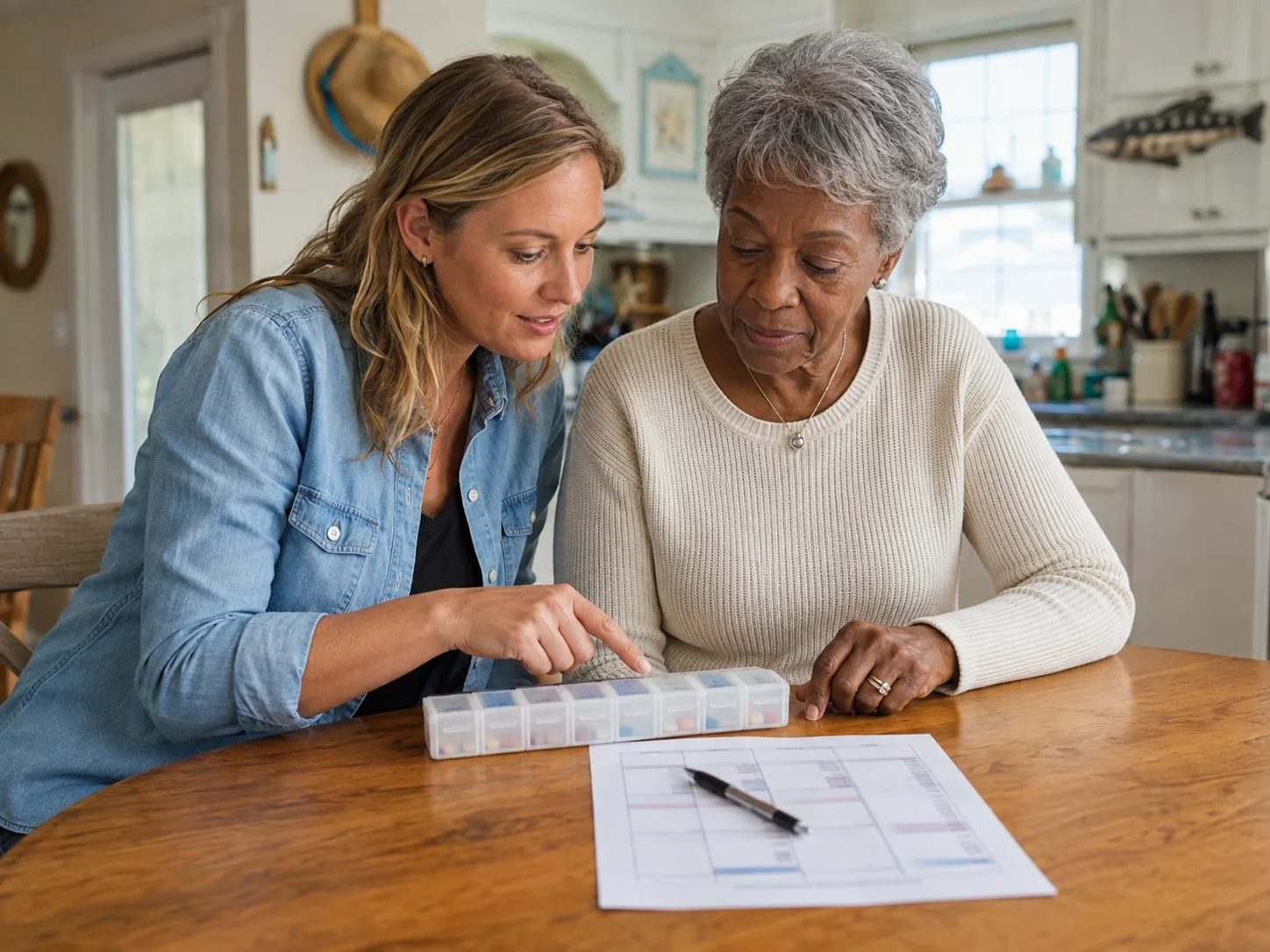 Medication reminders service: caregiver checking a weekly pill organiser with an elderly woman