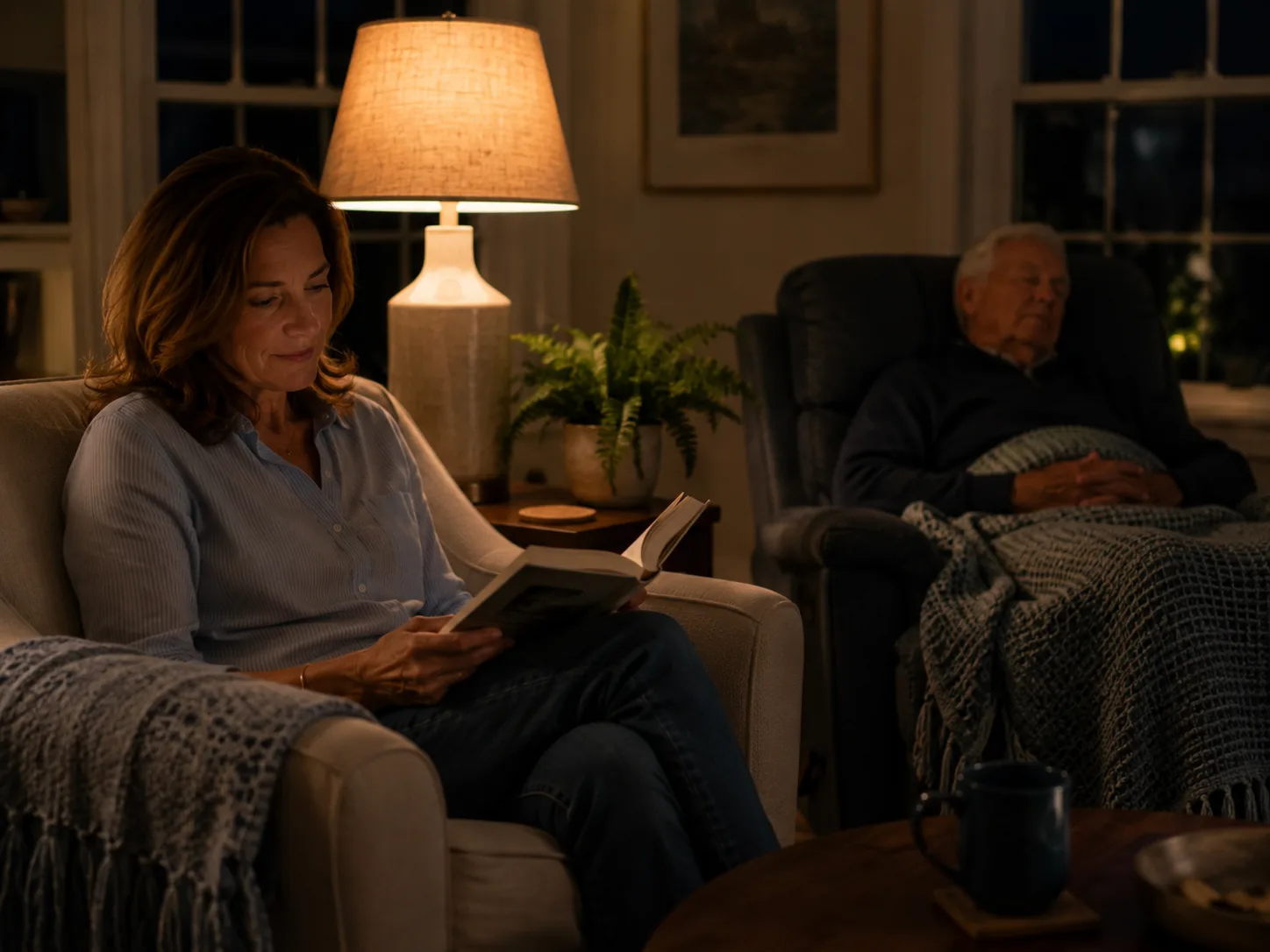 Caregiver reading by lamplight at night while an elderly man sleeps in a recliner across the room
