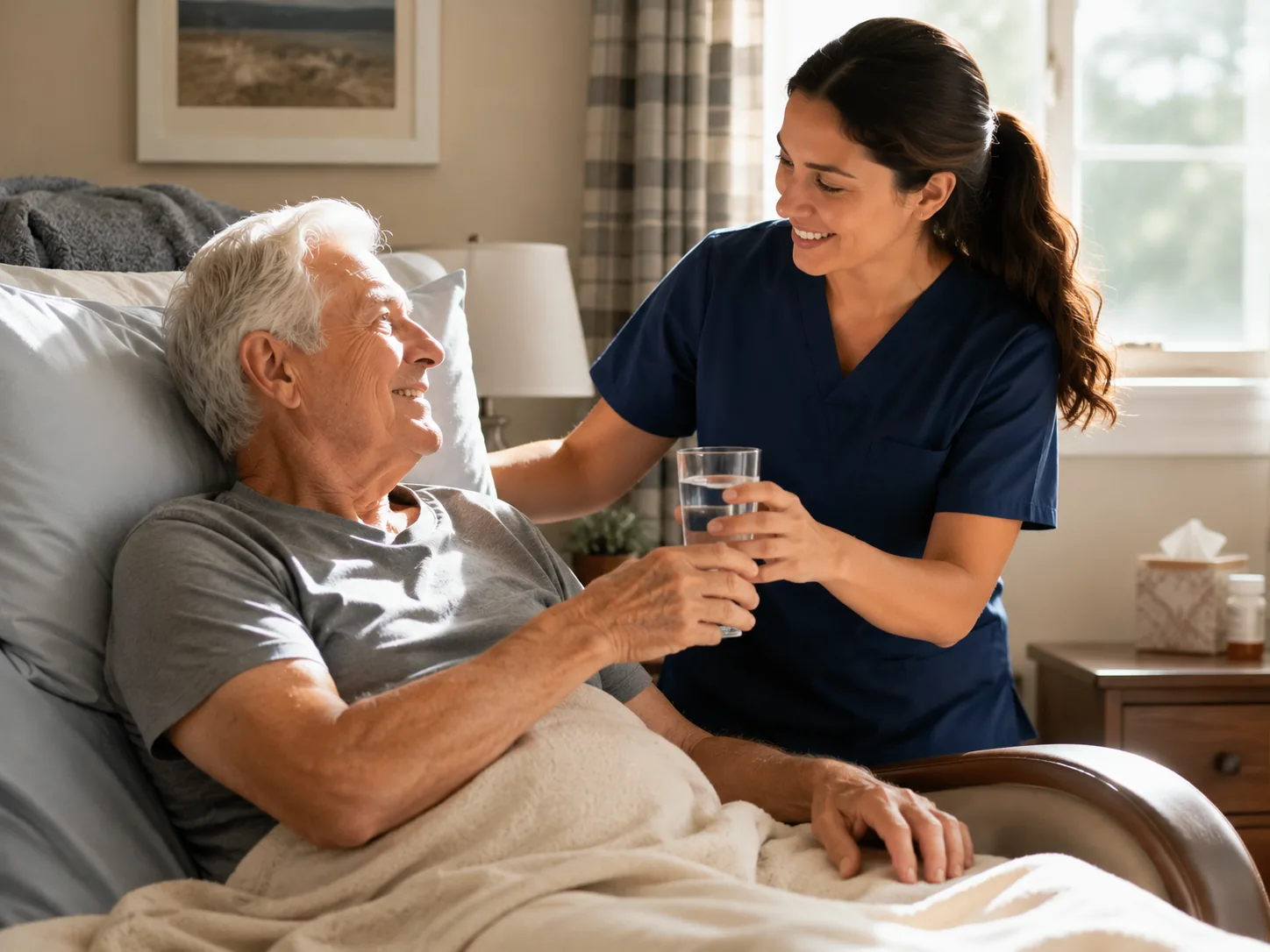Home care aide bringing water to a senior man recovering in bed after surgery in Yarmouth, MA