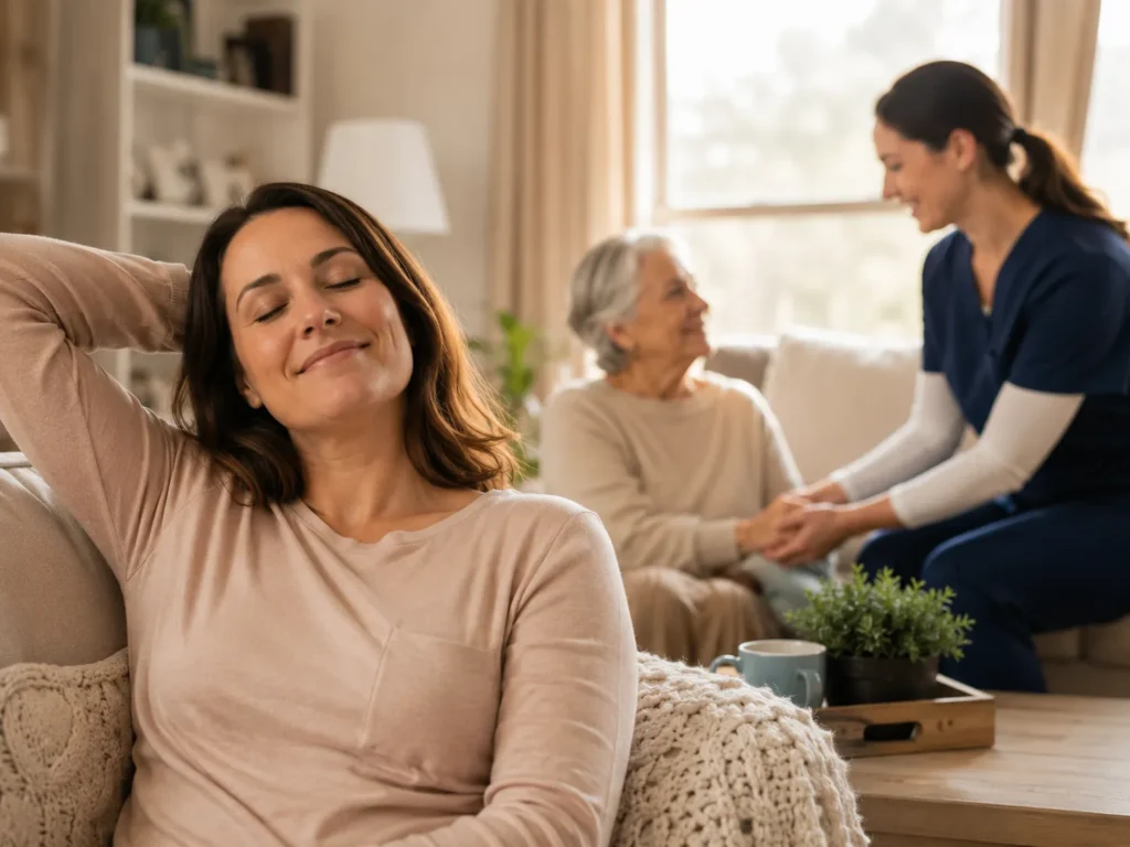 Family caregiver resting while a home care aide sits with her mother during respite care on Cape Cod