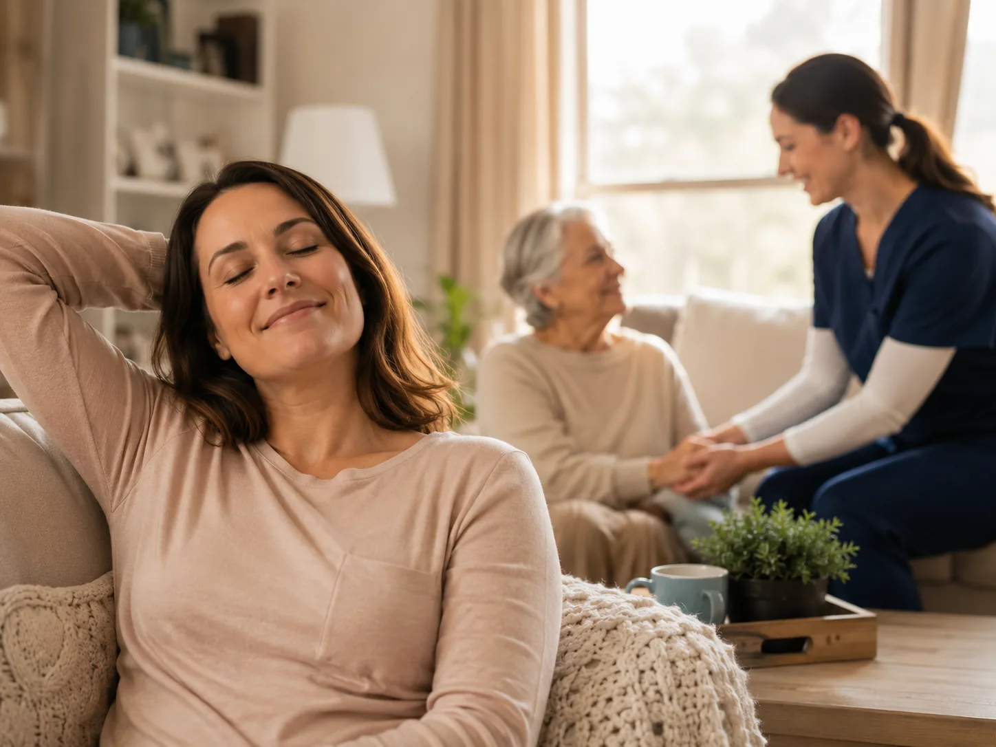 Family caregiver resting while a home care aide sits with her mother during respite care on Cape Cod