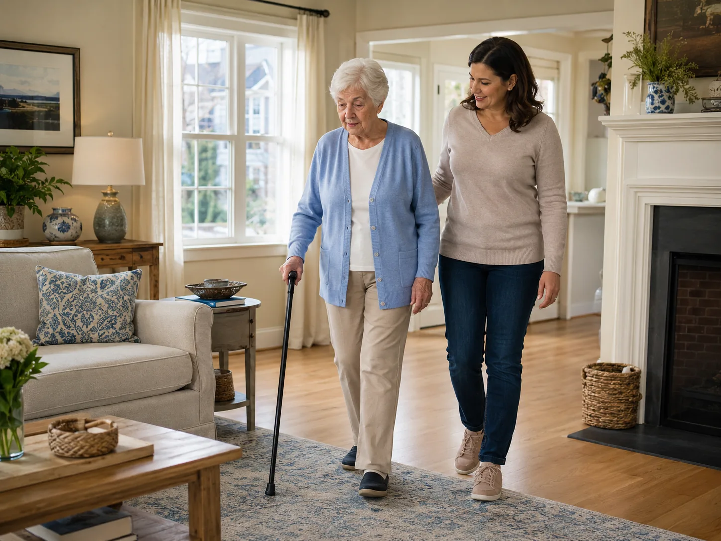 Caregiver walking beside an elderly woman using a cane in her living room