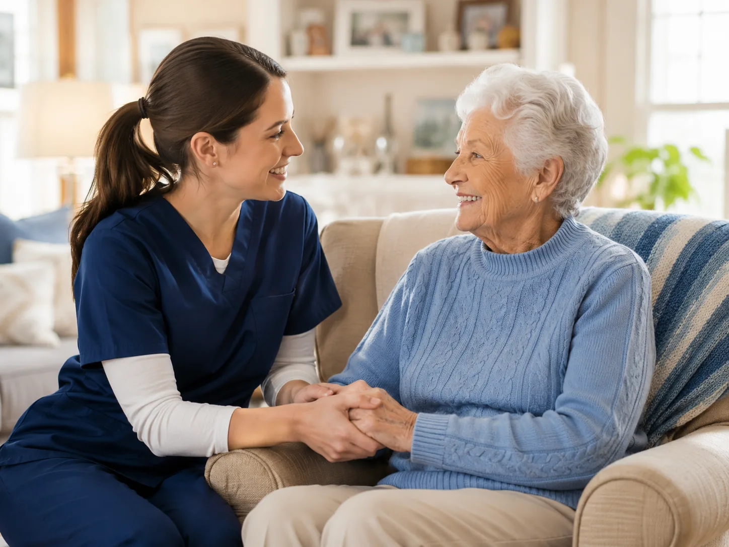 Home care aide holding hands with a senior woman in her living room on Cape Cod