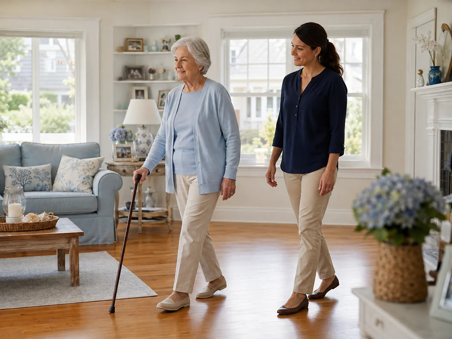 Caregiver walking with an elderly woman using a cane in a bright living room