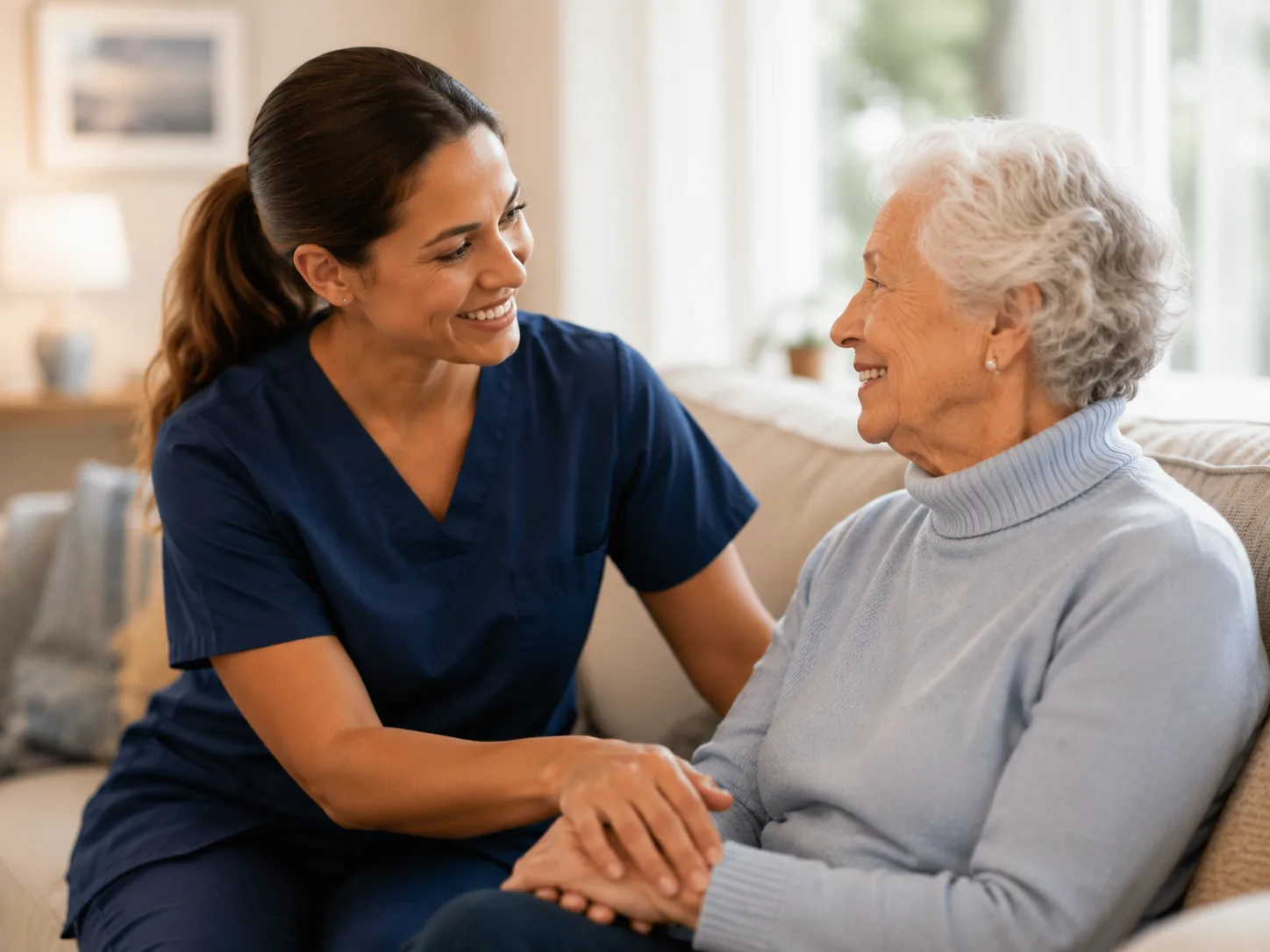 Home care aide sitting with a senior woman on a sofa in West Yarmouth, MA