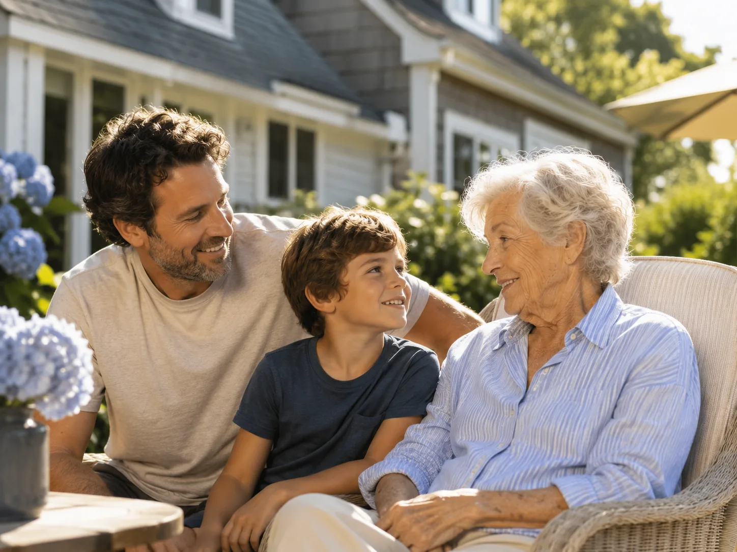 Three generations of a family sitting with a senior woman outside a Cape Cod home